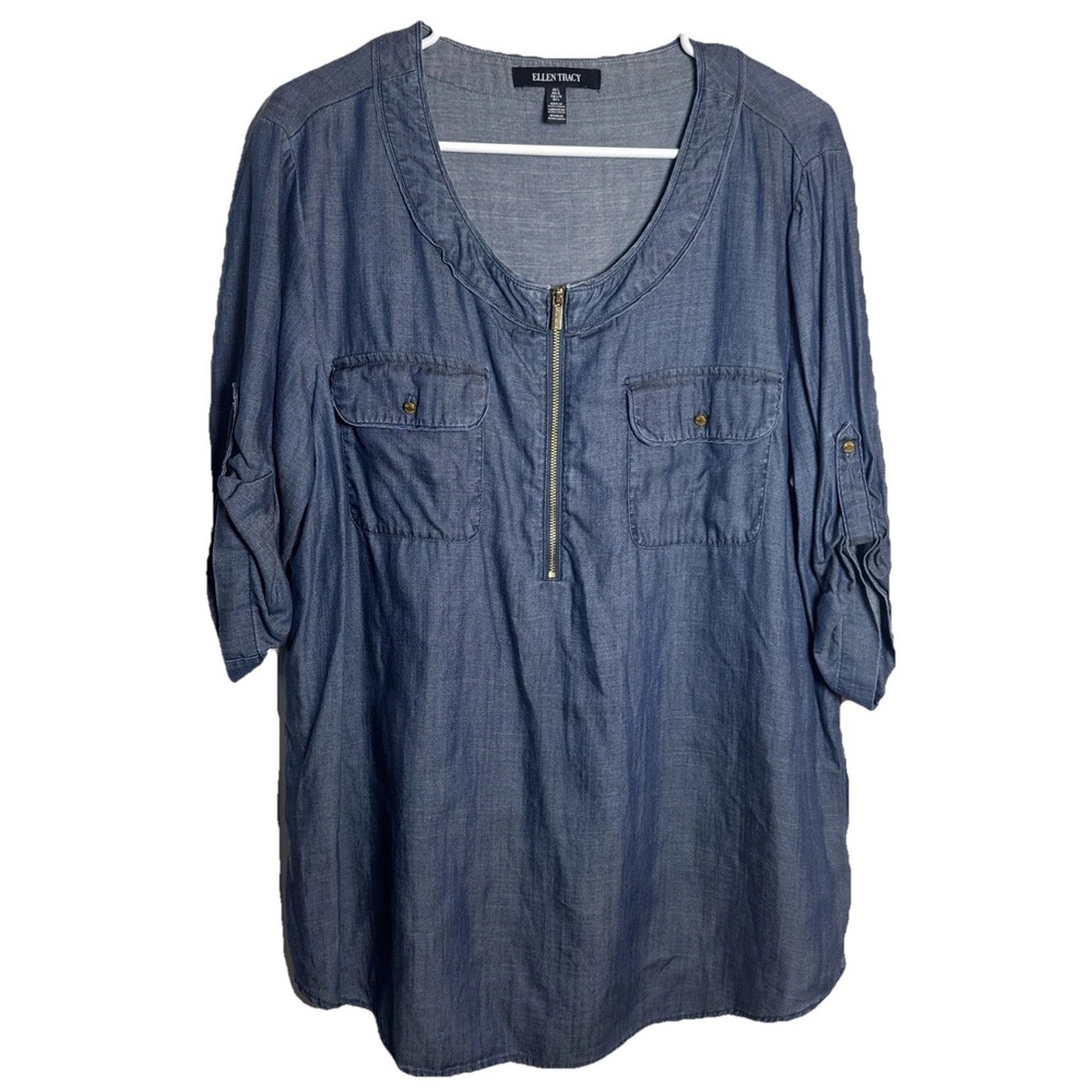 Ellen Tracy Women's Size‎ L Blue Tencel Chambray Zip Front Tunic Shirt Roll Tab